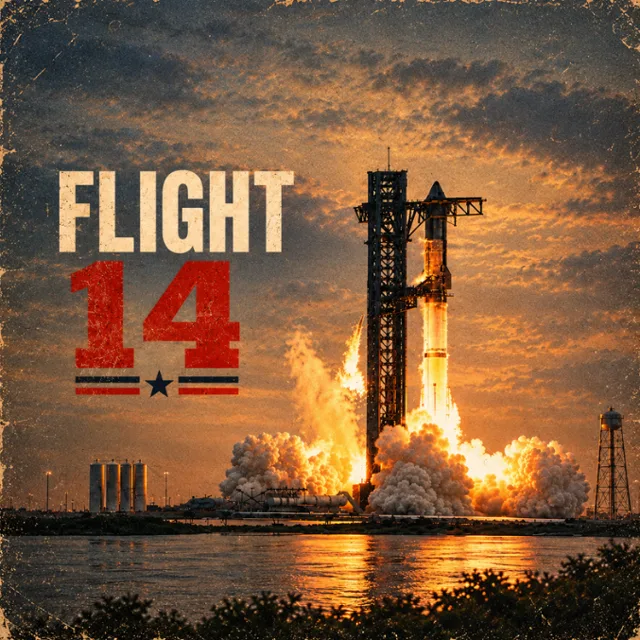 Flight 14 mission patch: a Starship-class vehicle lifting off beneath stencilled Flight 14 lettering.