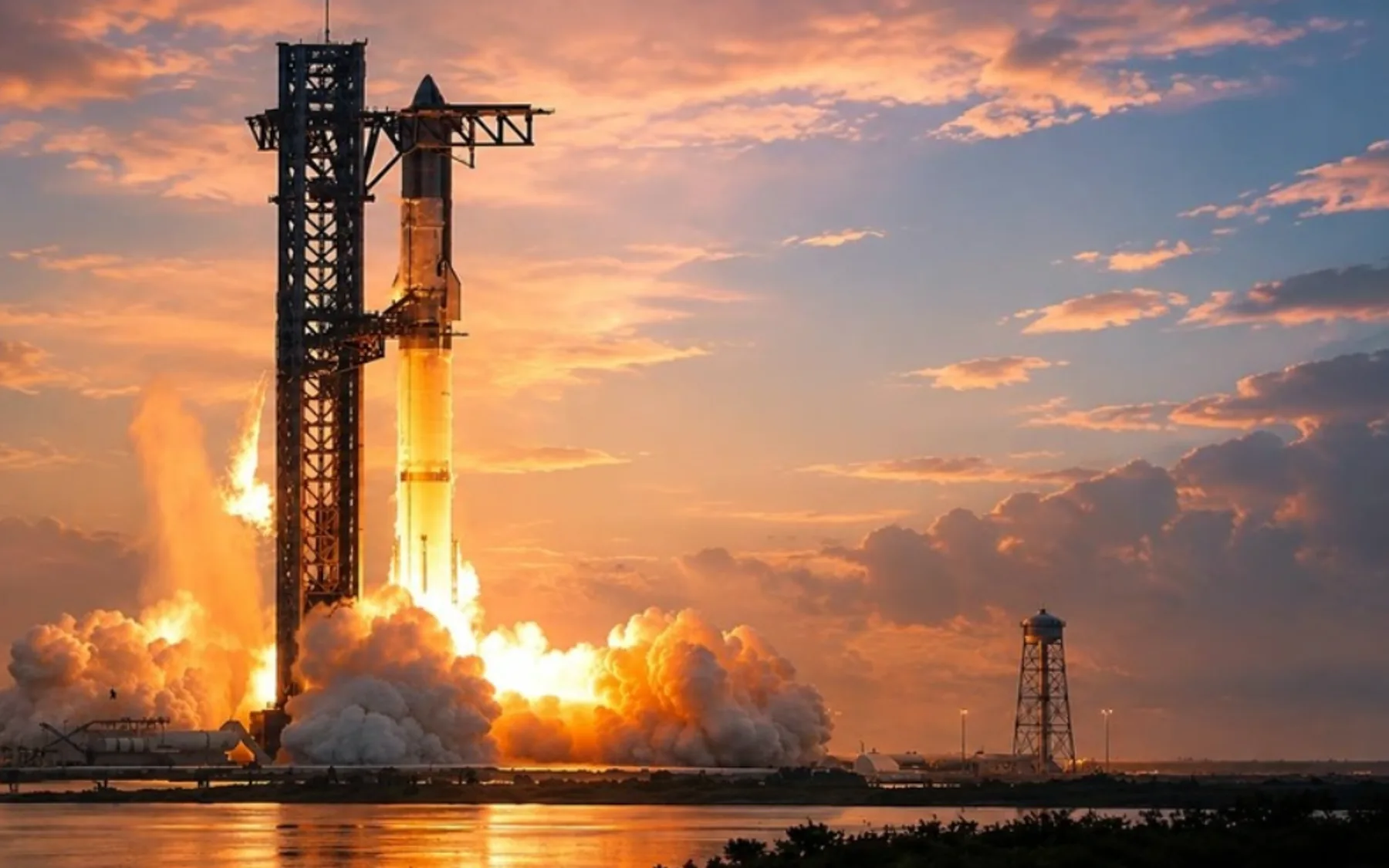 A Starship-class vehicle lifting off from a launch tower at dusk, engines burning and exhaust plumes spreading across the pad.